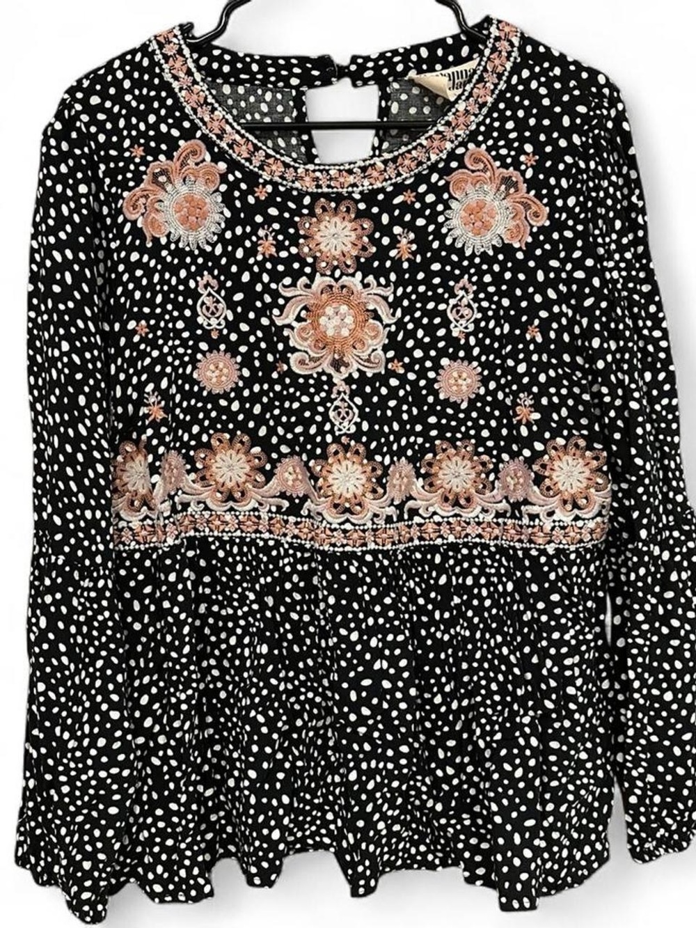 Savanna Jane Embroidered Floral Black Polka Dot Peplum Blouse Large